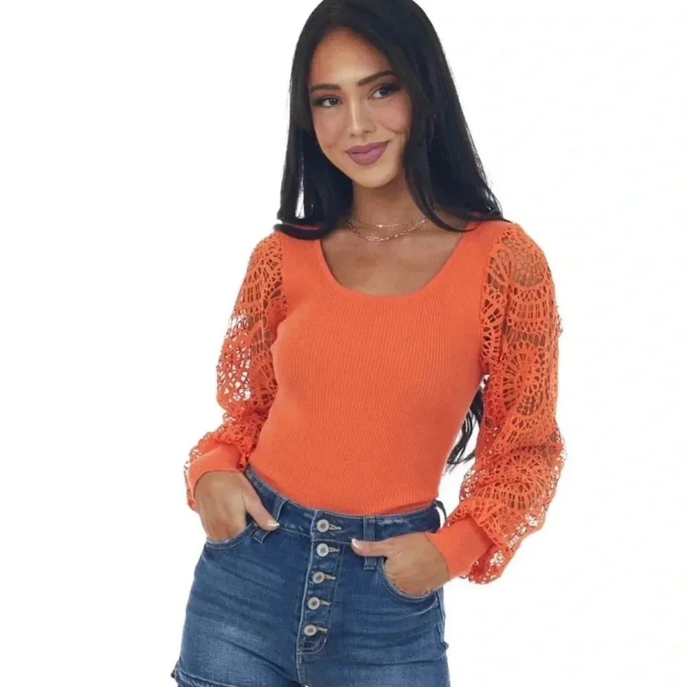 BiBi CROCHET LACE SLEEVE SCOOP NECKLINE KNIT TOP, sz XL, NWOT